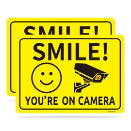 Goodvia Smile You Are On Camera Sign Metal 7 X 10", Smile CCTV Sign Reflective Aluminum Funny CCTV Signs Outdoor CCTV Signage Metal, Pack of 2