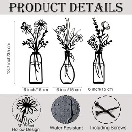 3 Pieces Metal Flower Wall Art - Rustic Farmhouse Boho Style Wall Decor, Beige Minimalist Floral Hanging Decorations for Living Room, Bathroom, Bedroom, Dining Room - Housewarming Gift (Type D)