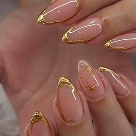 24pcs Gold French Tip Press on Nails Short Almond Fake Nails with 3D Gold Stripe Designs Star False Nails Glue on Nails French Full Cover Acrylic Nails Stick on Nails for Women Nail Decoration