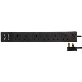 Extension 6 Gang with 2 USB, Black 2M, Power Outlet Strips Electrical, Qty X 1
