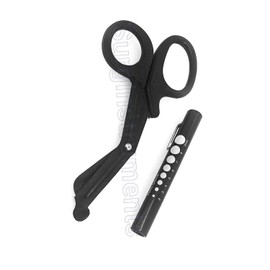 Tactical Black - Set of 2 pcs Black EMT First Responder 7.5" Shears + Tactical Pupil Gauge Clip On Penlight - Emergency Set
