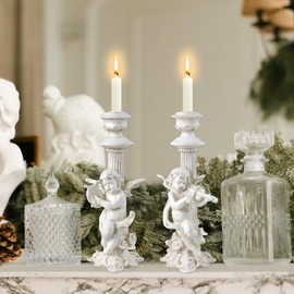 QLFJ-FurDec Angel Candle Holder Set of 2, Resin Angel Roman Pillar Statue Candlesticks Holders, Thinking Angel Candlestick, Decorative Stand Greek Column Candle Stand Tray for Christmas Wedding