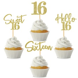 48 piezas de adornos para cupcakes de 16 cumpleaños con purpurina dulce 16 Hello 16 decoración para tartas de dieciséis años de edad, para niño y niña, decoración de tartas de feliz cumpleaños 16, suministros de decoración de pasteles, color dorado