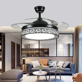 Fandian 42Inch Ceiling Fans with Light 4 Retractable Blades LED Ceiling Fan 3 Color Change 3 Speeds Chandelier with Remote Control (Black)