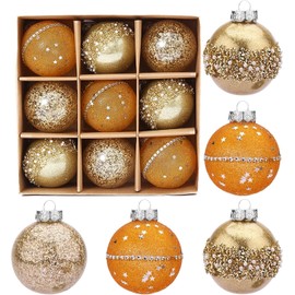 Homiliky 9 Pcs Christmas Tree Baubles Set Glitter Xmas Ball Decorations 8cm Xmas Tree Hanging Ornaments for Party Wedding Christmas (Gold)
