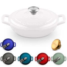 ROSSALLINI Signature Enameled Cast Iron Braiser, Non-Stick Serving Pot with Tight Fitting Lid for Perfect Roasting, Baking, Sauteing, Searing, and Pan Frying | 1.5Q (1.4L) - White
