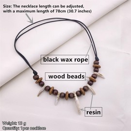 MOKAVIKY 25 Adjustable Tribal Wolf Tooth Necklace for Women Men Resin Wolf Tooth with Woody Beaded Necklace