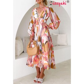 Sissyaki Women's Long Sleeve Boho Floral Maxi Dress Summer Fall Wedding Guest Dress Pink-Watercolour XL
