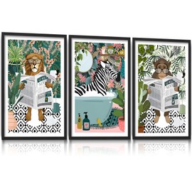 Zebra Lion Monkey on Animal on Toilet Funny Bathroom Wall Art, Canvas Tropical Boho Bathroom Jungle Animal Print, Art Decor, Paintings for bathroom restroom toilet washroom home.12"X16"X3 Unframed