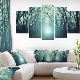 Designart Fall Forest Path with Green Light-Landscape Photo Canvas Print-60x32 5 Piece, 60x32-5 Panels Diamond Shape, Blue