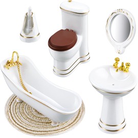 Skylety 6 Pieces 1:12 Dollhouse Bathroom Set Porcelain Dollhouse Miniature Furniture Toys Ceramic Dollhouse Toilet Basin Bathtub Mirror Doll Dollhouse Bathroom Accessories