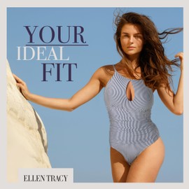 ELLEN TRACY One Piece Swimsuit, Bathing Suit for Women, High Neck Swimsuit with Keyhole Cutout, Pull On Closure, Over-The-Shoulder Straps, Slimming One Piece Swimsuit for Women, Navy/White Seersucker