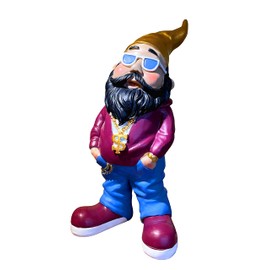 SEWAS Garden Gnome Rocker Gold Chain Gold Clock Gold Hat and Black Beard, Hand Painted and Weatherproof Made of High-Quality Resin Hiphop Rap Figure