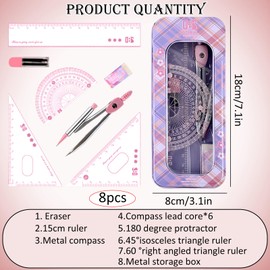 LHLZNB 8Piece Maths Set,clear pencil case，Maths Sets - Protractor and Compass Set for Students' Mathematics Teaching and Learning Drawing Geometric Figures Kids Stationery Gifts(Pink)