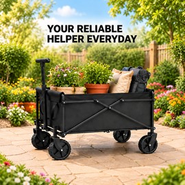 Folding Utility Wagon Cart, 330 lb Capacity, Collapsible Metal Frame with Fabric Basket for Gardening, Camping, Groceries & Outdoor Equipment, Black