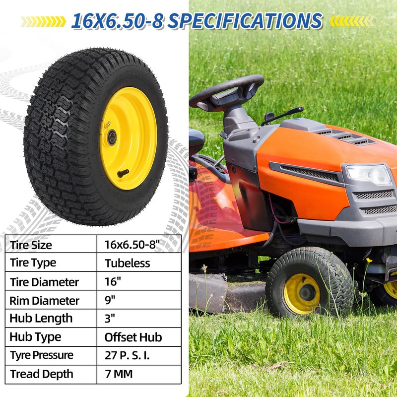 GICOOL 16x6.50-8 Tubeless Tire and Wheel, 16x6.5-8 Lawn Mower Tires,