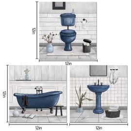 HOMEOART Bathroom Wall Art Bath Tub Painting Picture Bathroom Wall Decor Framed Ready to Hang 12x12inchx3,Deep Blue