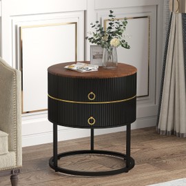 O&K FURNITURE Marble End Table with Storage, Round Nightstand with Drawer, White and Gold Side Table Metal Legs for Bedroom Living Room, Bedside Table Furniture, Marbling Natural Stone