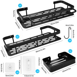 2 Adhesive Shower Caddy with 4 Hooks & 1 Soap Holder,Bathroom Shower Organizers,Hanging Shower Shelf With Large Capacity, No Drilling Black Shower Racks for Inside Shower Bathroom Storage Home Decor