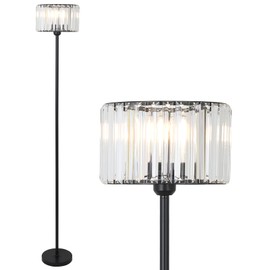 HMVPL Black Floor Lamp for Bedroom, Modern Floor Lamp for Living Room with K9 Crystal Shade, Industrial Standing Lamp with On/Off Switch, Vintage Corner Tall Lamp for Nursery Office Kids Girls Room