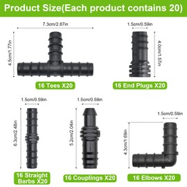 Kalolary 100-teiliges Tropfbewässerungs-Armaturen-Kit Tropfbewässerungsset für 16PE-Schläuche, 20 T-Stücke, 20 Ellbogen, 20 Kupplungen, 20 Endstopfen, 20 Geraden Widerhaken, Rasen-Gartenzubehör
