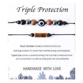 2Pcs Triple Protection Bracelets Black Obsidian and Tiger Eye Evil Eye Bracelets Adjustable Natural Stone Jewelry for Women Men Gifts for Him Her