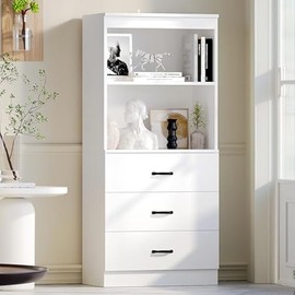 oneinmil 55" H 5-Tier Bookshelf with 3 Drawers, White Bookcase with 2-Tier Open Shelves, Tall Book Shelf with Storage Space, Wooden Storage Cabinet for Living Room, Bedroom, Kitchen, Office