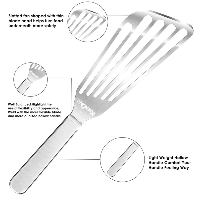 KSENDALO Thin Fish Spatula Stainless Steel -Flexible Slotted Egg Flipper