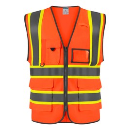 SHORFUNE High Visibility Safety Vest with Pockets, Mic Tab, Reflective Strips and Zipper, ANSI/ISEA Standards,Oange,S