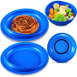 4 Pcs Adaptive Spill Proof Scoop Plates and Bowls with Non Skid Bottom High-Low Adaptive Dish Disabled Self Feeding Dinnerware for Elderly Disabled Handicapped Parkinsons Dementia Stroke Tremor(Blue)