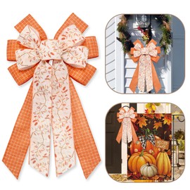 Threetols Large Fall Bow for Wreath, Orange Buffalo Plaid Wreath Bows Leaf Bow for Front Door, Autumn Farmhouse Ornament Tree Topper Bows for Thanksgiving Indoor Outdoor Decoration