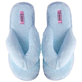 Kathyland girls fluffy flip flop slippers for women indoor outdoor thong slippers for summer ladies bedroom slippers (Women US 9-10, Blue)