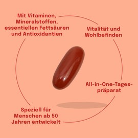 Multi Komplex 50+ Softgel-Kapseln | Omega-3 mit EPA & DHA, Vitamin D3, K2, B12, C, E, Zink, Kupfer & Selen | All-in-One für Menschen ab 50 | 60 Softgels | Sundt Supplements