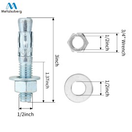 Metalsuberg 1/2"x3" Wedge Anchor by Zinced of Heavy-Duty Fastener for Cement and Concrete (8pcs Pack)