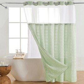 Nesphy No Hook Shower Curtain with Snap in Liner, Green Boho Farmhouse Linen Rustic Heavy Duty Textured Fabric Bohemian Double Layers Waterproof Shower Curtain and Liner with Sheer Window 71x74 Inch