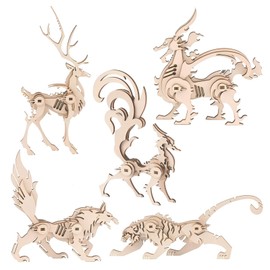 Woodcraft Construction Kits, 5 Pieces 3D Wooden Animal Puzzle DIY Animal Model Building Wood Tiger Wolf Deer Fox Qilin Craft Jigsaw for Kids Adults