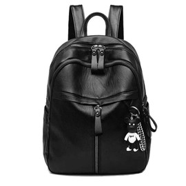 LSFYSZD Fashion PU Leather Women Backpack Shoulders Bag Large Capacity Multipurpose Travel Bag Leather Zipper Closure Bear Pendant for Back to School Backpacks for Teenage Girls (Black, One Size)