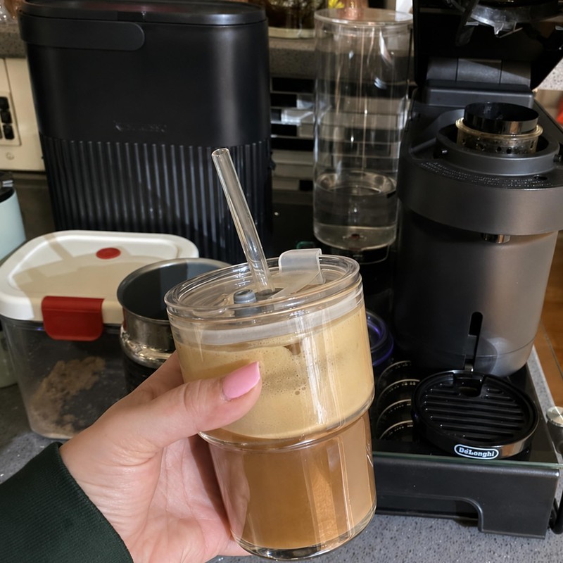 13oz Iced Coffee Cup, Glass Tumbler with Straw and Lid,