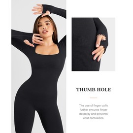 Popilush Jumpsuits for Women Long Sleeve Built-In Bra Square Neck Full Length Leggings Bodycon Stretch Workout Outfits