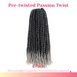 BOHOBABE Long Pre-twisted Passion Twist Crochet Hair 18 Inch Pre-looped Long Ombre Gray Crochet Passion Twist Braiding Hair 8 Packs Soft Bohemian Twists (T1B/grey)