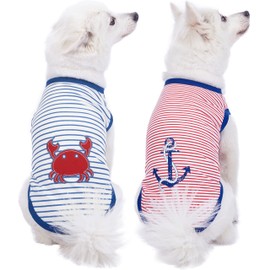 Blueberry Pet Soft & Comfy Summer Vacation Beach Cotton Dog T-Shirts, 2 Pack, Sunshine Sea Lover Striped Shirts Tank Top Clothes, Back Length 10", for Small Dogs