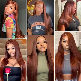 Evaxilc Straight Real Hair Wig, 5 x 5 Lace Frontal Wigs, Human Hair Wigs, 100% Unprocessed Brazilian Remy Hair, #33 Reddish Brown, Human Hair Wig, Pre Plucked, Baby Hair for Women, 16 Inches