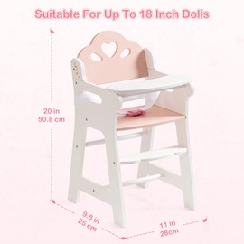 ROBOTIME Baby Doll High Chair, Pretend Play High Chair with Safety Belt and Footrest, Wooden Baby Doll Accessories, Doll Furniture Fits 18-20 Inch Dolls, Gift for Ages 3+ (White)