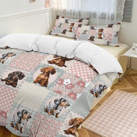 Dachshund Bedding Set King Size Dachshund Comforter Cover Set for Teen Boys Super Soft Construction Sausage Dog Duvet Cover Set Bedroom Decor Twin Full Queen King Size Quilt Cover with 2 Pillowcase