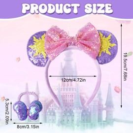 Sparkle Sequin Mouse Ears Headbands for Kids, Purple Mouse Ears Bow Headband and Sequin Bow Hair Tie, Cosplay Party Headband for Girls Princess Party Accessories