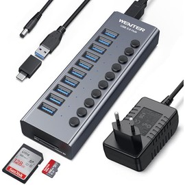 WENTER Hub USB 3.0 con alimentación, 10 Puertos 36 W, Divisor USB de Aluminio con interruptores Individuales de Encendido/Apagado, lectores de Tarjetas SD/TF y Adaptador de Corriente de 12 V/3 A para