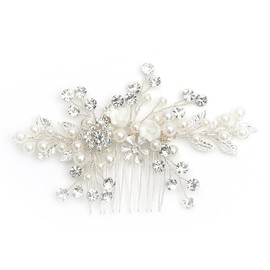 AIYVELU Bridal Flower Wedding Hair Comb, Silver Pearl Headwear, Silver Crystal Headpiece Leaf, Leaf Wedding Side Comb, Bridal Hair Accessories for Women and Girls (Silver)