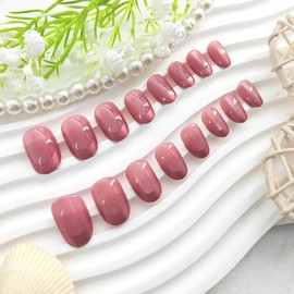 Cat Eye Press on Nails Short Oval French Tip Fake Nails Press ons Red Full Cover Glue on Nails Glossy False Nails Artificial Stick on Nails for Women 24Pcs