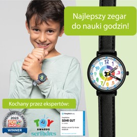 Kiddus Learning Watch for Children, Boys and Girls, Analogue Watch with Time Learning Exercises, Time Teacher, Polski PU Leather Czarny, Polski Pu Leather Czarny, Strap.