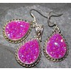 SILVER Vintage Style Pink Red Rainbow Titanium Druzy Teardrop Pendant